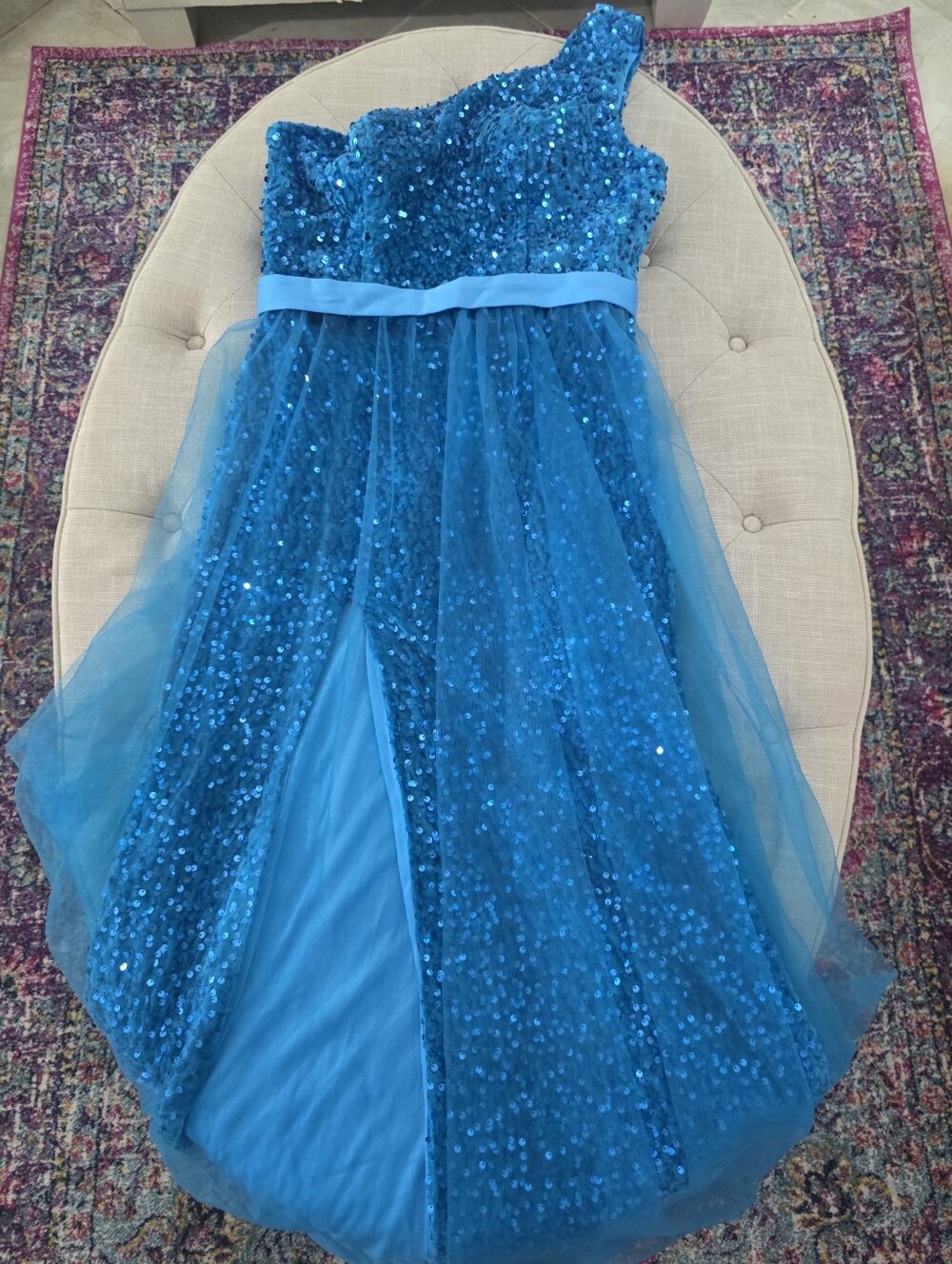 Aqua Turquoise Blue Sequin One Shoulder Formal Prom Gown Dance Homecoming 10 NWT - Picture 2 of 6